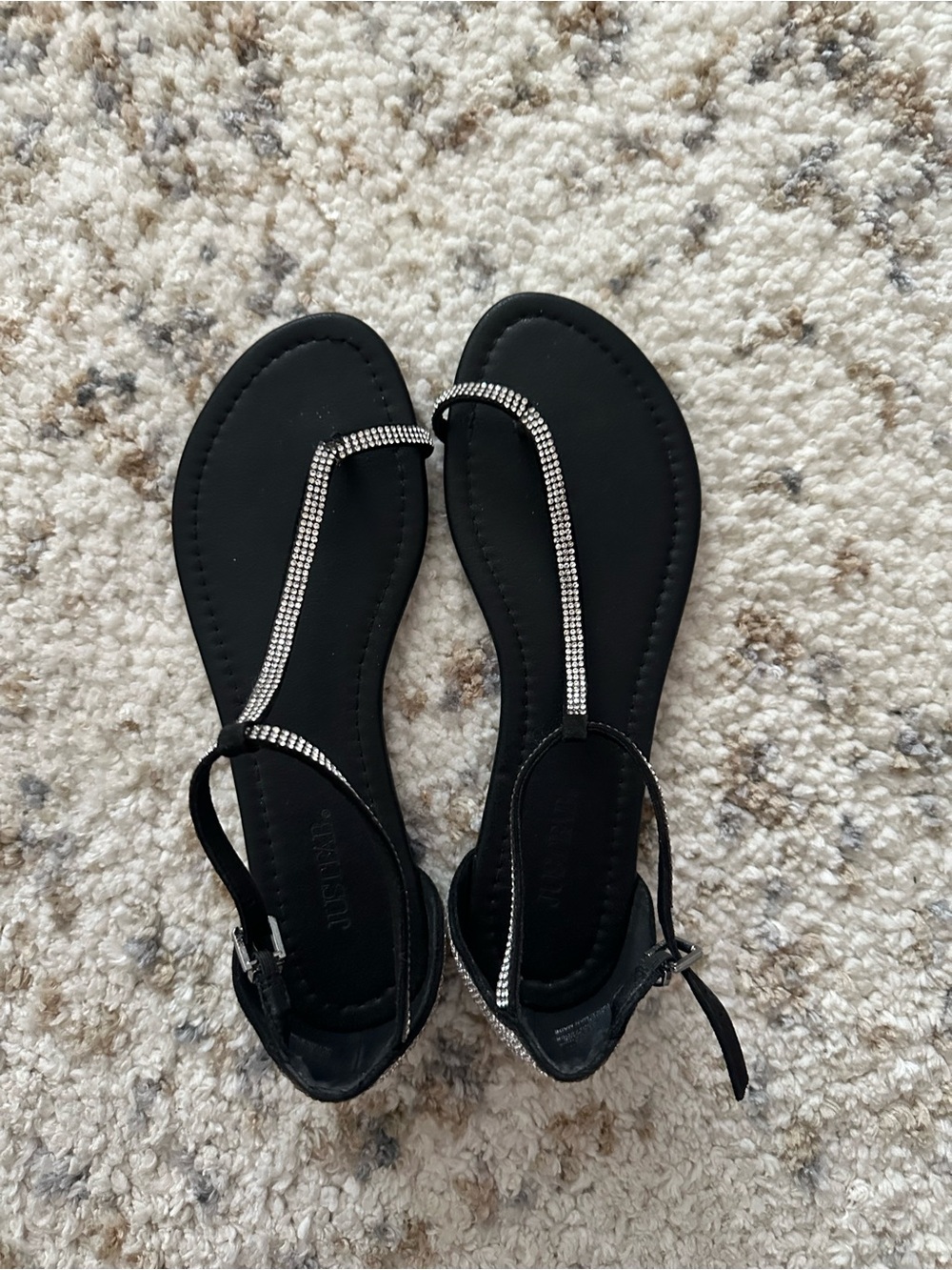 JustFab Black Rhinestone T-Strap Sandals